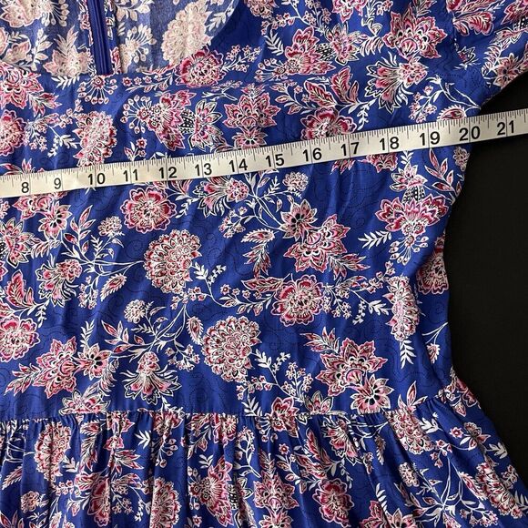LOFT Dress Womens 12 Blue Floral Print Puff Sleeve Midi Scoop Neck​ - Picture 8 of 9